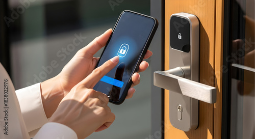 Woman unlocking smart door lock with smartphone application. Concept of smart home security and keyless entry technology for modern living.