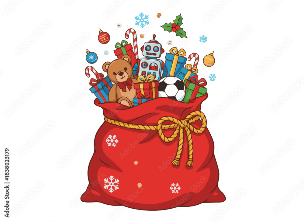 Fototapeta premium Santa Claus Gift Sack with Toys and Christmas Presents Vector Illustration