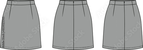 Fashion sketch, technical skirt illustration, pleated design, garment construction, apparel template, sewing pattern, front view, structured silhouette, minimal seams, waistband detail