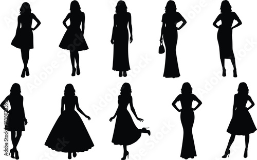 Fashionable women silhouettes in elegant dresses, modern female figures posing stylishly, vector illustration for fashion design, modeling and clothing art
