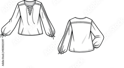 fashion, blouse, illustration, technical, sketch, garment, design, lace-up, sleeve, tunic, front, back, detail, sewing, pattern, construction, trendy, apparel, drawing, style