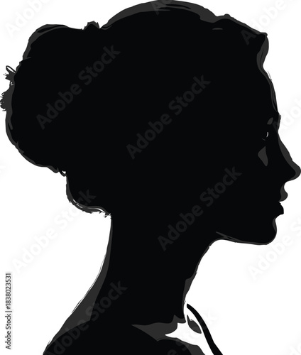 Female profile silhouette, elegant updo hairstyle, black head outline, minimalist portrait, side view woman, artistic contrast, facial contour art