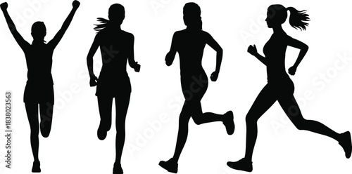 Female runners silhouette, jogging motion, athletic women, fitness pose, running celebration, sports activity, dynamic movement, healthy lifestyle, outdoor exercise, motivation