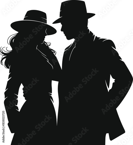 Film noir, detective silhouette, mystery couple, trench coat, vintage style, dramatic pose, secret agents, black and white, cinematic shadows, classic intrigue