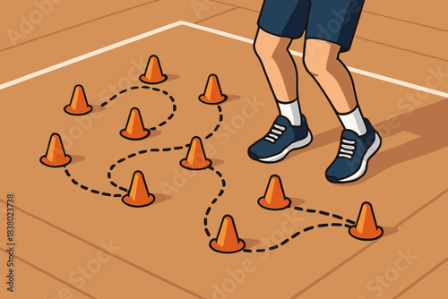 Agility training with orange cones and dotted path on a brown surface