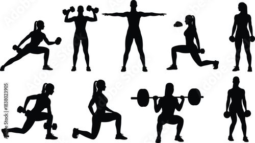 Fitness workout women silhouette with dumbbells, barbell training, strength exercise poses, gym workout routine, healthy lifestyle, fitness training motivation