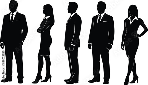 Five business people silhouettes standing together, men and women in suits, corporate executive team vector illustration, professional staff set