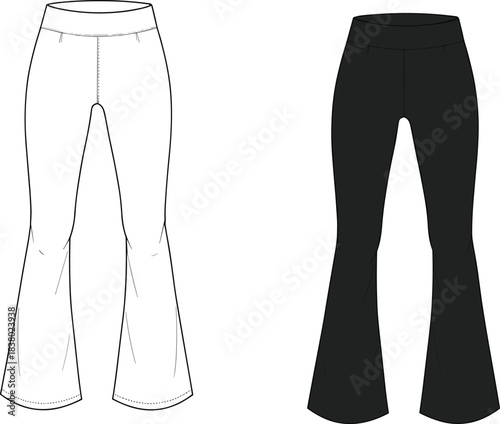 Flared pants fashion illustration, technical garment sketch, silhouette comparison, apparel design, sewing pattern, clothing template, fashion flat, vector art