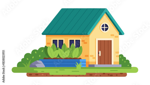 Charming Yellow Brick Cottage with Teal Roof and Raised Garden Bed in Lush Green Surroundings