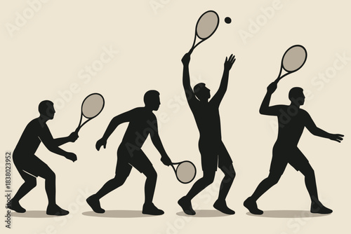 Tennis Player Silhouette Sequence Serving Ready Position and Forehand Stroke