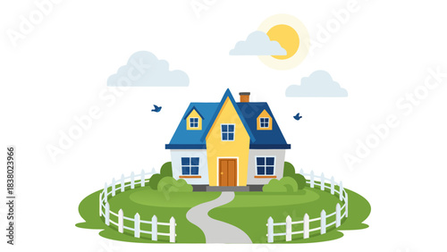 Charming Pixel Art House with White Picket Fence on a Sunny Day Lush Green Lawn and Fluffy Clouds in Blue Sky with Birds Flying Above