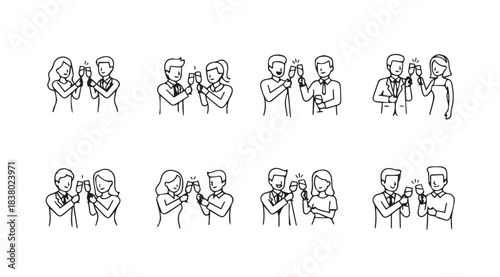 Collection of eight diverse people in silhouette style holding up glasses for a toast silhouette