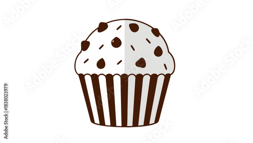 Chocolate Chip Muffin with White Frosting and Brown Striped Wrapper Against a Black Background with Soft Shadows