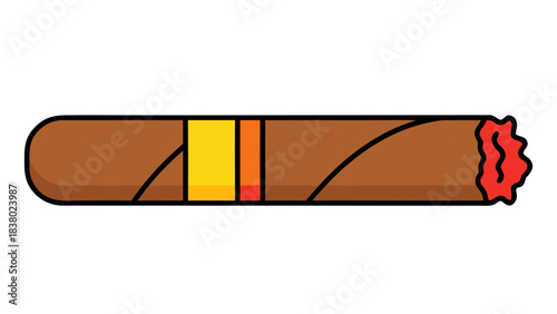 Cigar with yellow and orange band and burning red end on black background simple illustration