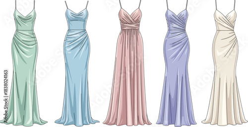 Elegant Long Satin Evening Gowns in Pastel Colors Displayed in a Row