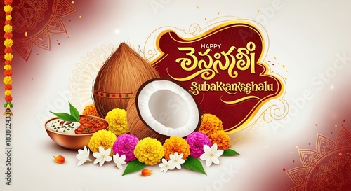 Coconut and flowers for Telugu New Year celebration