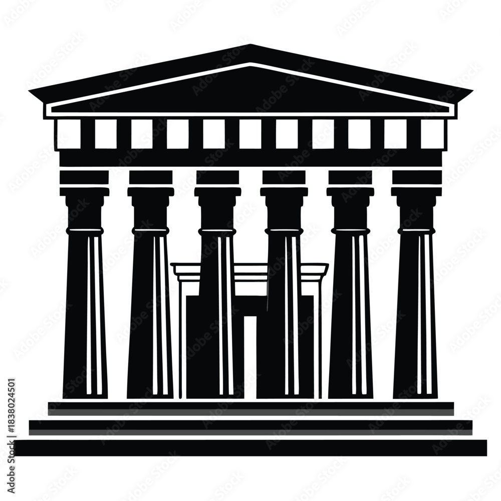 Fototapeta premium ancient egyptian temple with large columns black and white silhouette on white background