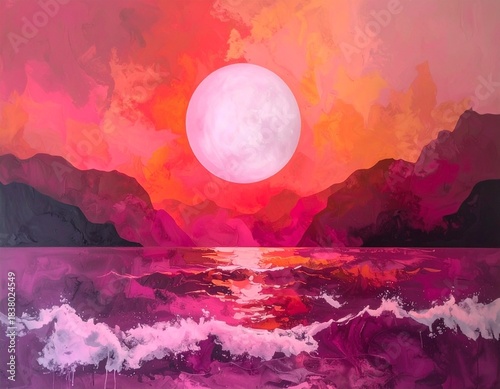 Sunset, moon over the sea with waves, reflections in warm colors pink, red, orange tones, watercolor, fantasy, 