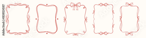 Hand drawn romantic border collection with bows and flowing lines. Delicate red outline frames in feminine vintage style for valentines, wedding cards, menus, labels and charming stationery designs