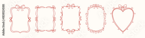 Elegant ribbon frame set in coquette style with playful doodle contours. Decorative red line art borders for love themed invitations, greeting cards, posters, packaging and romantic layouts.