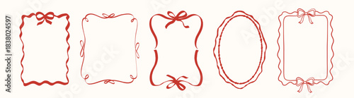 Hand drawn romantic frames set with bows and whimsical lines. Elegant red outline borders in coquette and vintage style. Decorative vector frames for valentine cards, wedding invitations, menu design
