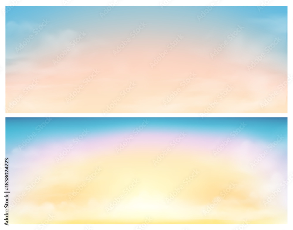 Fototapeta premium Soft clouds at sky. Vector realistic style, puffy cloudy sunny rays and light on heaven. Start of new day, dawn morning landscape scenery design. Set of gradient blurry colors with clouds