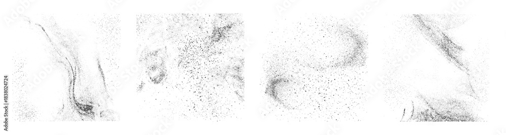 Fototapeta premium Grainy splashes with realistic dust effect, powder or sand traces set. Vector isolated dot particles marks on surface, grungy stardust item for art, home decor and design of typography