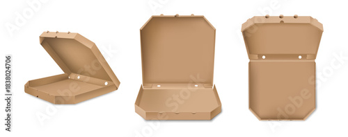 Cardboard pizza boxes and packages, empty open containers for food delivery and takeaway. Vector realistic style, pizzeria advertisement, pack for snacks and fastfood transportation and order