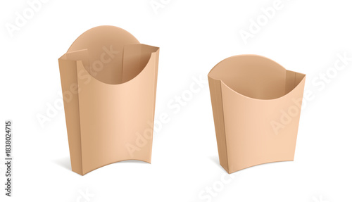 Eco packaging for takeaway food. Vector realistic isolated set of empty or blank paper packets for french fries. Snacks and fastfood delivery and serving. Copy space for branding or diner logo