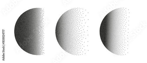 Dotwork spheres with sand grain effect. Vector circles noise suppressors. Abstract interference circlets. Round shaped elements, circular with radial transition. Grunge dots applied to surface