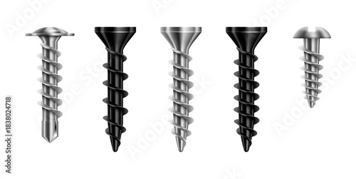 Metal bolts or screws of different size. Vector in realistic style, isolated set of equipment for woodwork, carpentry or construction, building or renovation. Tools and instruments of handyman
