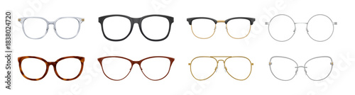 Eyewear plastic and metal frames for sunglasses or eyeglasses. Vector isolated collection of wireframes for men and women. Realistic structural parts of spectacles to hold lenes. Eyes protection