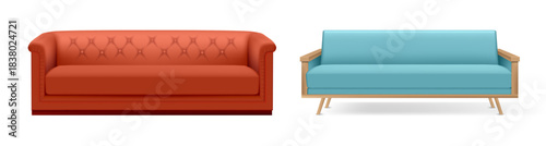 Home interior furnishing, isolated set of modern and retro furniture for living room. Vector realistic style, leather couch and textile sofa on legs. Comfortable seats for guests, comfort house