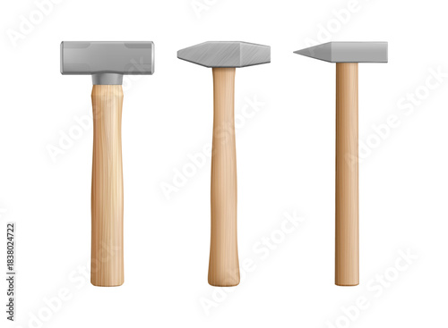 Sledgehammers and mallets set. Vector realistic hammers for striking and pounding. Working tools of carpenters and builders. Instruments for hammering nails, crushing rock and breaking objects