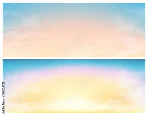 Soft clouds at sky. Vector realistic style, puffy cloudy sunny rays and light on heaven. Start of new day, dawn morning landscape scenery design. Set of gradient blurry colors with clouds