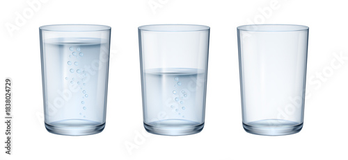 Glasses with liquids set. Vector isolated full, half filled and empty glassware. Realistic aqua with bubbles poured in dishware. Organic and natural freshwater, H2O ingredient in tumblers