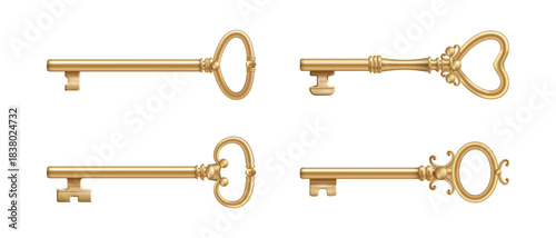 Crafted vintage golden keys set, isolated small shaped metal devices intricate engravings. Vector realistic gold lockpicks collection. Old luxurious escape room passkeys. Door open symbols