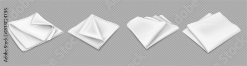 White blank cloth for wiping and cleaning house. Vector realistic handkerchief or tablecloth for serving table. Clean napkin or towel for guests. Textile and fabric with natural cotton texture