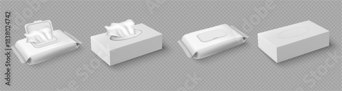 Tissue or handkerchief boxes with copy space. Vector realistic style, isolated empty packages mockup for paper products. Cosmetics removal, baby care and antibacterial effect for skin and body