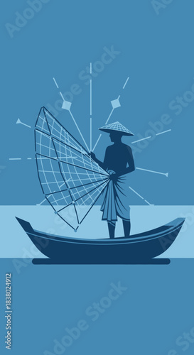 Traditional Fisherman Casting Net from Boat.