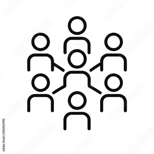 Abstract icon depicting a central figure connected to a group of surrounding individuals representing teamwork and community.