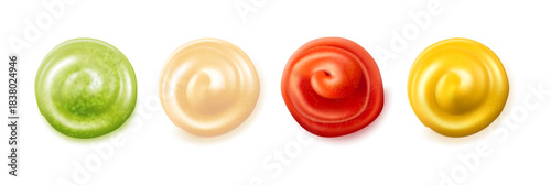 Ketchup and mustard, wasabi or guacamole, ketchup or tabasco sauce samples. Vector in realistic style, tasty addition to fastfood and dishes. Assortment of tastes, pastes and dipping for meal