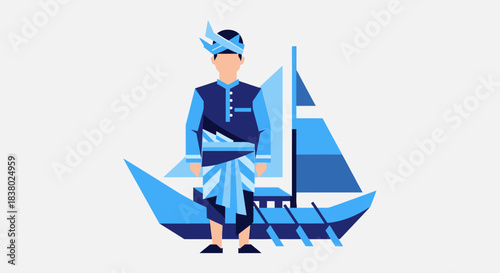 Traditional Filipino Man in Barong Tagalog with Paraw Sailboat.