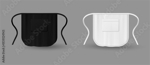 Waist aprons set, isolated chef kitchen uniform mockup. Vector realistic protective apparel for waiters or restaurant staff with front pockets and strings. Cafe or barbecue party garment