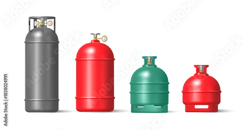 Gas cylinders set, isolated tank bottles of various sizes. Vector propane containers. Methane or butane canister fuel storage. Metal pressurized vessels. Barrels of compressed gaseous substance