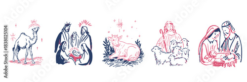 Traditional sketch illustrations of the christian nativity story and religious figures