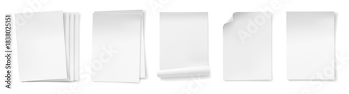 A4 sheet of papers with curved corners. Vector realistic set of pages curl or bent edges of empty documents. Empty rounded folios or written materials. Curvilinear pages or clean blanks