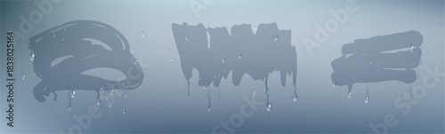 Wiped misted glass or mirror. Vector realistic, misty surface with condensation or vapor from bathroom. Window at winter, liquid drops falling down. Wipe stains made by hand or fingers