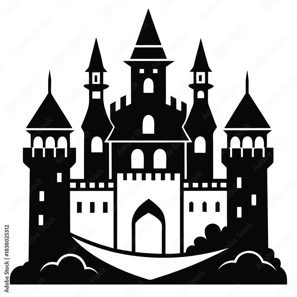 Obraz premium ancient castle with towers black and white silhouette on white background