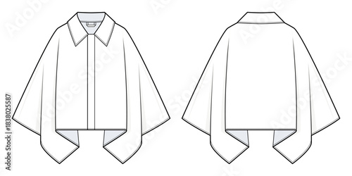 Draped Cape-Sleeve Shirt Technical Fashion Illustration. Asymmetric Hem Blouse Vector Template. Front and Back Views. Relaxed Fit. CAD Mockup Set.